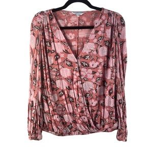Lucky Brand Floral Blouse Women M Pink Brown V-Neck Elastic Waist Balloon Sleeve